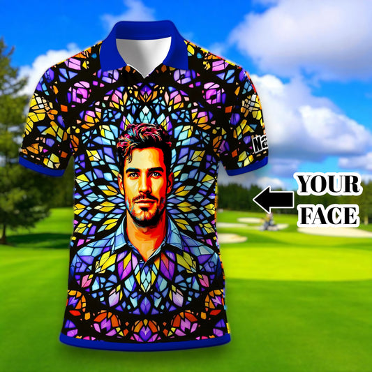 Custom Face Golf Polo Shirt – Personalized Stained Glass Mandala Style Polo, Unique Gift for Men & Women, Vibrant Artistic Golf Shirt, Custom Photo Polo