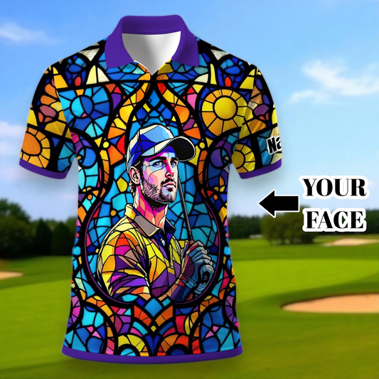 Custom Face Golf Polo Shirt – Personalized Stained Glass Art Shirt, Unique Golf Gift for Him, Colorful Abstract Golf Polo, Custom Sportswear
