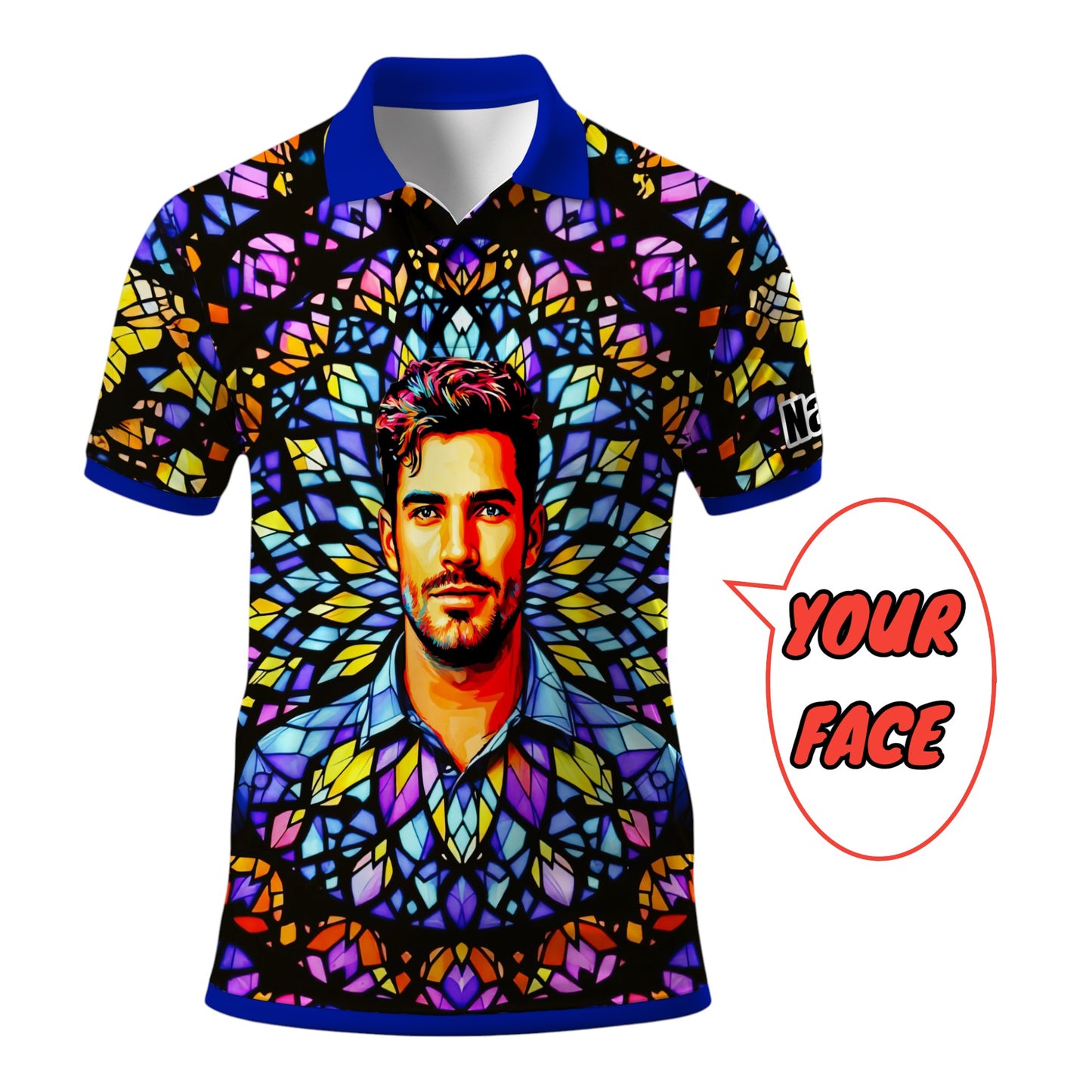 Custom Face Golf Polo Shirt – Personalized Stained Glass Mandala Style Polo, Unique Gift for Men & Women, Vibrant Artistic Golf Shirt, Custom Photo Polo Style 18