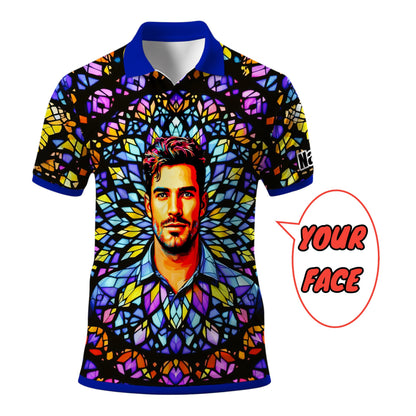 Custom Face Golf Polo Shirt – Personalized Stained Glass Mandala Style Polo, Unique Gift for Men & Women, Vibrant Artistic Golf Shirt, Custom Photo Polo Style 18