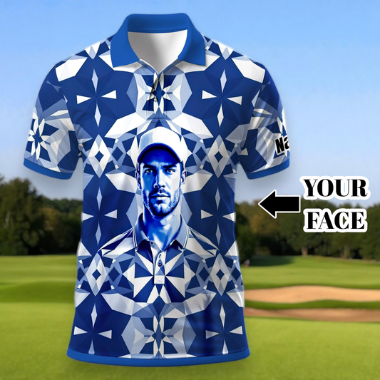 Custom Face Polo Shirt – Geometric Diamond Pattern | Personalized Photo Golf Polo | Unique Gift for Him, Retro Geometric Style Shirt