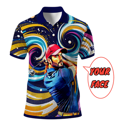 HomyGifts Men's Customized Face Artistic Golf Polo Shirt, Mosaic Art Style, Unique Personalized Golf Polo For Men Style 18