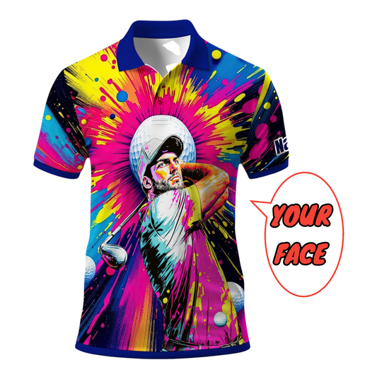 HomyGifts Men's Customized Face Artistic Golf Polo Shirt, Personalized Pop Art Golf Polo, Portrait Gift for Golfers Style 18