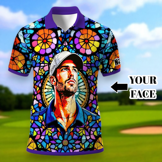 Custom Face Golf Polo Shirt – Personalized Stained Glass Art Shirt, Unique Golf Gift for Him, Colorful Abstract Golf Polo, Custom Sportswear