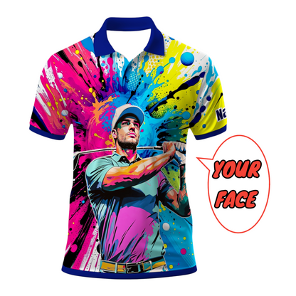 HomyGifts Men's Customized Face Artistic Golf Polo Shirt, Personalized Pop Art Golf Polo, Portrait Gift for Golfers Style 19