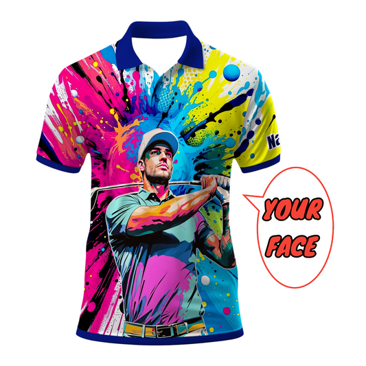 HomyGifts Men's Customized Face Artistic Golf Polo Shirt, Personalized Pop Art Golf Polo, Portrait Gift for Golfers Style 19