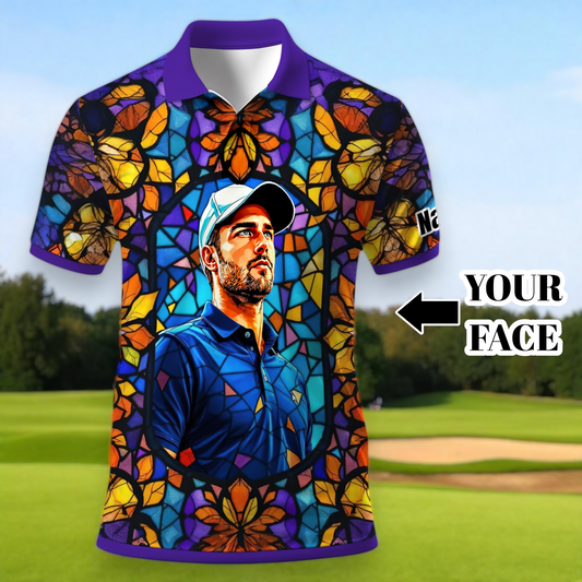 Custom Face Golf Polo Shirt – Personalized Stained Glass Art Shirt, Unique Golf Gift for Him, Colorful Abstract Golf Polo, Custom Sportswear