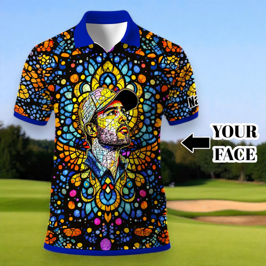 Custom Face Golf Polo Shirt – Personalized Stained Glass Mandala Style Polo, Unique Gift for Men & Women, Vibrant Artistic Golf Shirt, Custom Photo Polo