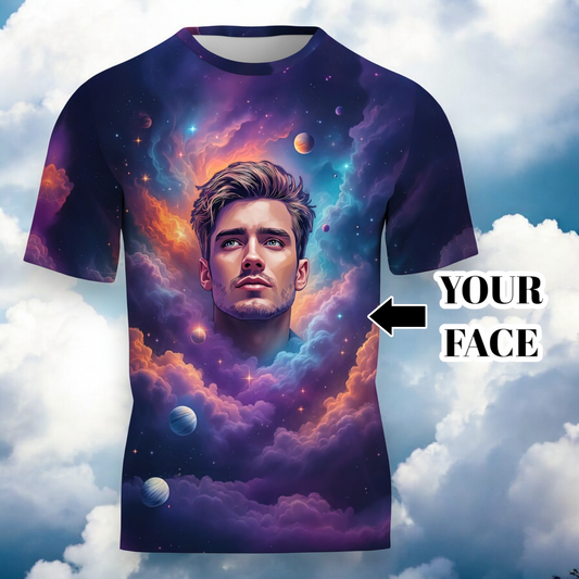 Custom Face Surreal Cosmic Art T-Shirt – Personalized Galaxy Universe Tee with Trippy Sci-Fi Design for Unique Gifts & Style