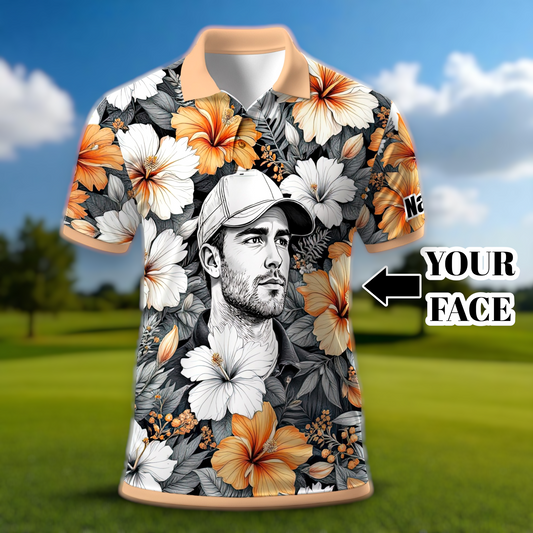 Custom Face Tropical Floral Polo Shirt – Personalized Summer Shirt, Fun Beach Vacation Gift, Unique Tropical Party Outfit