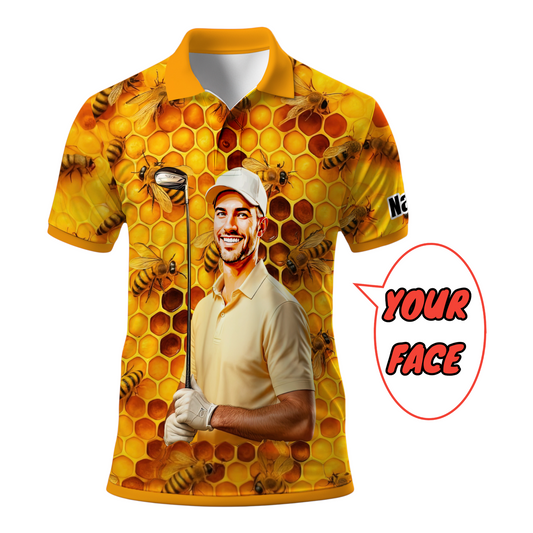 HomyGifts Men's Customized Face Artistic Golf Polo Shirt, Personalized Bee & Honeycomb Polo Shirt with Face, Funny Honey Lover Outfit, Summer Polo for Men Style 2