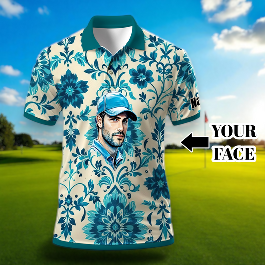 Custom Retro Pattern Art Polo Shirt – Personalized Face & Name | Vintage Floral Pattern Collared Shirt for Men Style 2