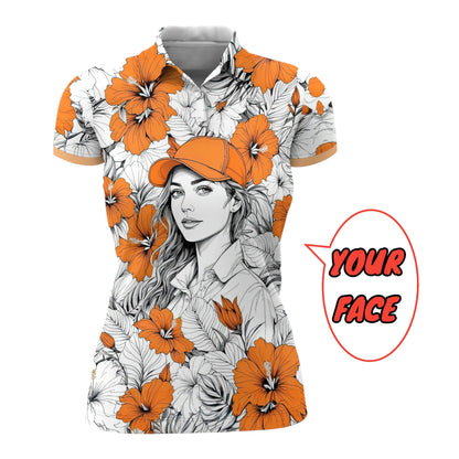 Women’s Custom Face Hibiscus Polo Shirt – Personalized Tropical Floral Polo, Unique Gift for Her, Stylish Custom Golf & Casual Wear Style 2