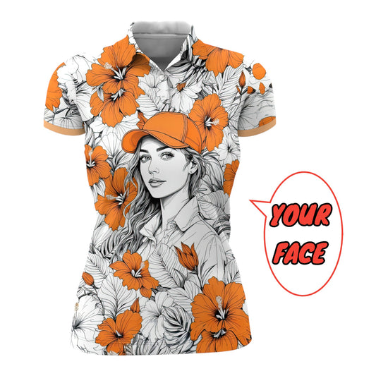 Women’s Custom Face Hibiscus Polo Shirt – Personalized Tropical Floral Polo, Unique Gift for Her, Stylish Custom Golf & Casual Wear Style 2