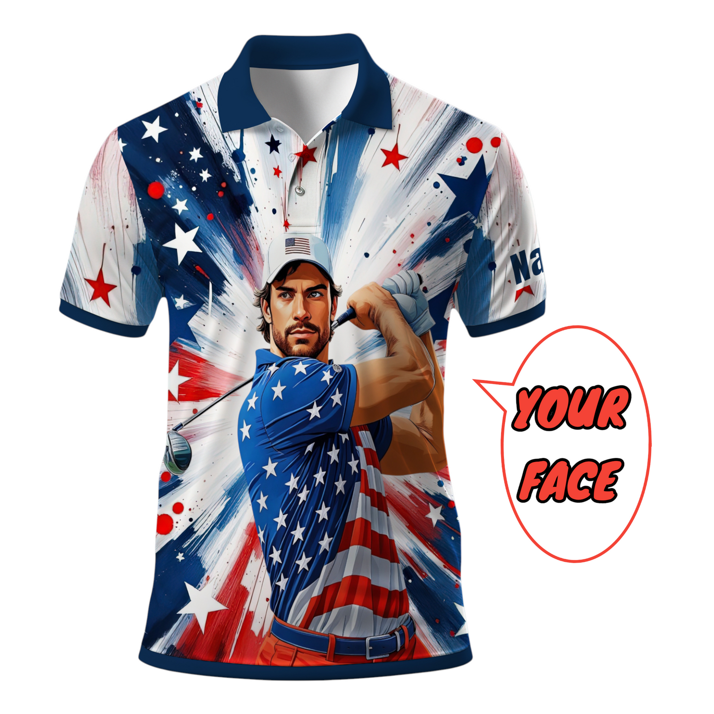 HomyGifts Men's Customized Face Artistic Golf Polo Shirt, Personalized American Flag Design, Unique Gift for Patriotic Golfers Style 16