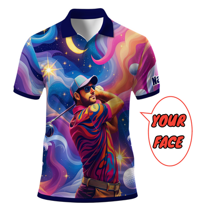 HomyGifts Men's Customized Face Artistic Golf Polo Shirt, Mosaic Art Style, Unique Personalized Golf Polo For Men Style 2