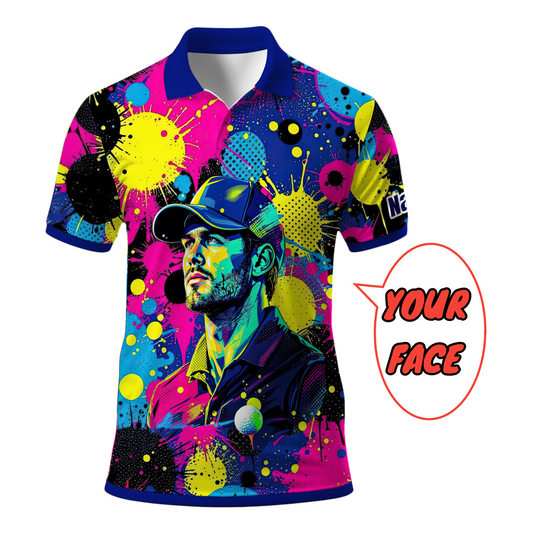 HomyGifts Men's Customized Face Artistic Golf Polo Shirt, Personalized Pop Art Golf Polo, Portrait Gift for Golfers Style 2