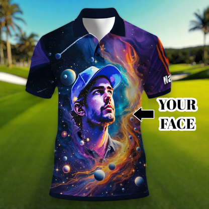 Custom Cosmic Portrait Polo Shirt – Personalized Surreal Galaxy Art with Your Face | Unique Gift for Golfers, Sports & Astrology Fans Style 2