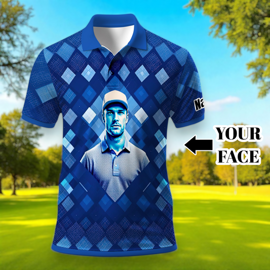 Custom Face Polo Shirt – Geometric Diamond Pattern | Personalized Photo Golf Polo | Unique Gift for Him, Retro Geometric Style Shirt Style 2