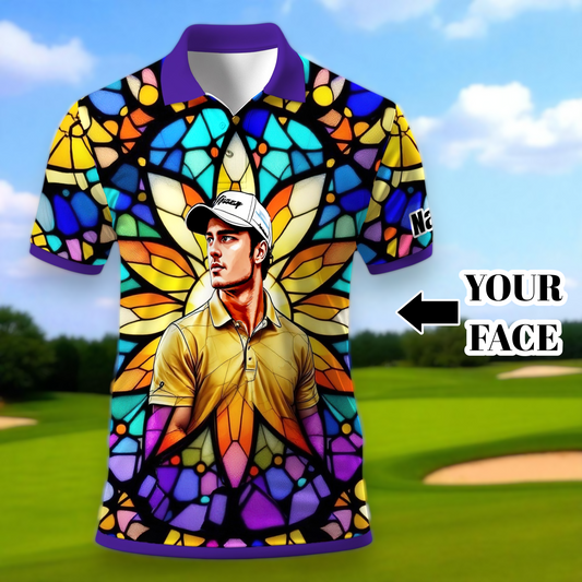 Custom Face Golf Polo Shirt – Personalized Stained Glass Art Shirt, Unique Golf Gift for Him, Colorful Abstract Golf Polo, Custom Sportswear