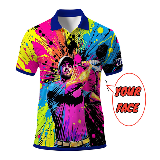 HomyGifts Men's Customized Face Artistic Golf Polo Shirt, Personalized Pop Art Golf Polo, Portrait Gift for Golfers Style 20