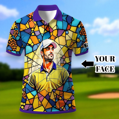 Custom Face Golf Polo Shirt – Personalized Stained Glass Art Shirt, Unique Golf Gift for Him, Colorful Abstract Golf Polo, Custom Sportswear