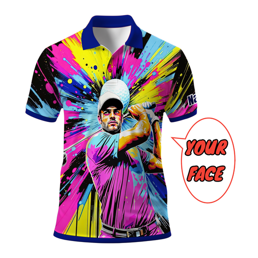 HomyGifts Men's Customized Face Artistic Golf Polo Shirt, Personalized Pop Art Golf Polo, Portrait Gift for Golfers Style 21