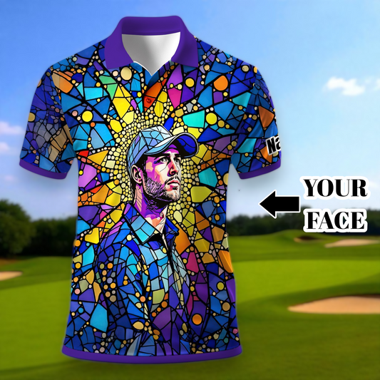 Custom Face Golf Polo Shirt – Personalized Stained Glass Art Shirt, Unique Golf Gift for Him, Colorful Abstract Golf Polo, Custom Sportswear