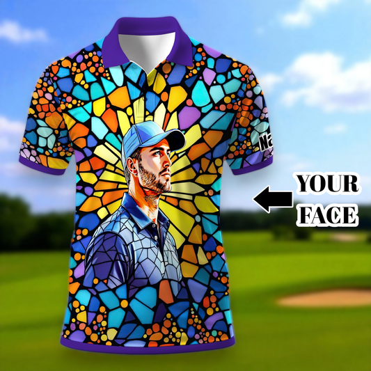 Custom Face Golf Polo Shirt – Personalized Stained Glass Art Shirt, Unique Golf Gift for Him, Colorful Abstract Golf Polo, Custom Sportswear