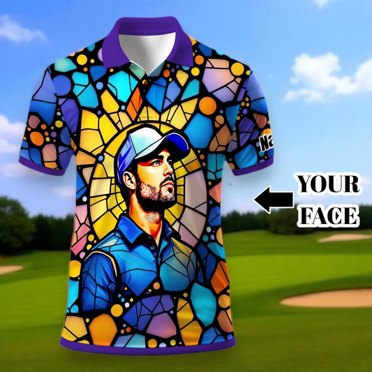 Custom Face Golf Polo Shirt – Personalized Stained Glass Art Shirt, Unique Golf Gift for Him, Colorful Abstract Golf Polo, Custom Sportswear