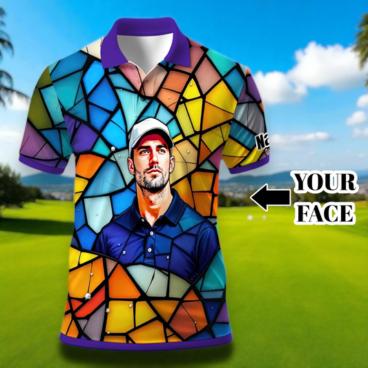 Custom Face Golf Polo Shirt – Personalized Stained Glass Art Shirt, Unique Golf Gift for Him, Colorful Abstract Golf Polo, Custom Sportswear