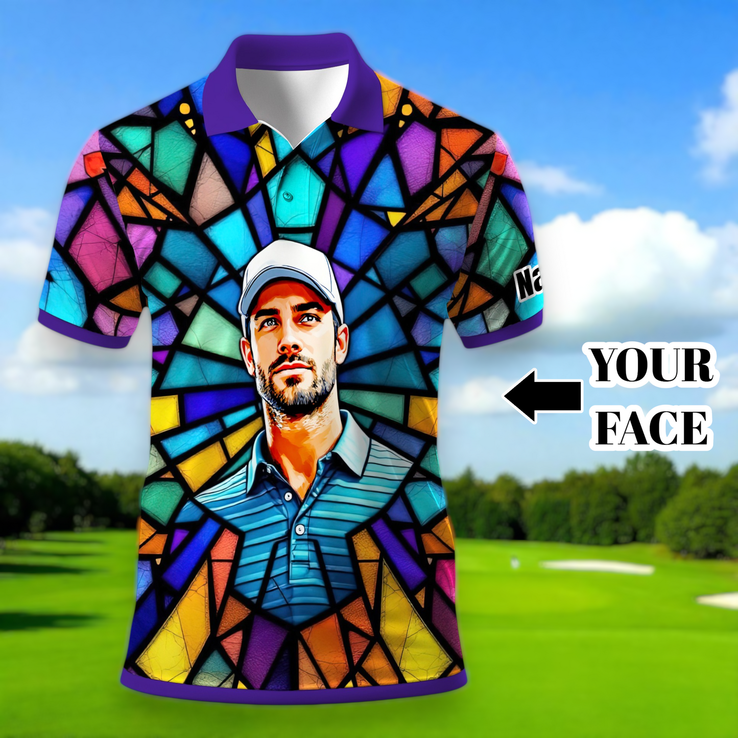 Custom Face Golf Polo Shirt – Personalized Stained Glass Art Shirt, Unique Golf Gift for Him, Colorful Abstract Golf Polo, Custom Sportswear