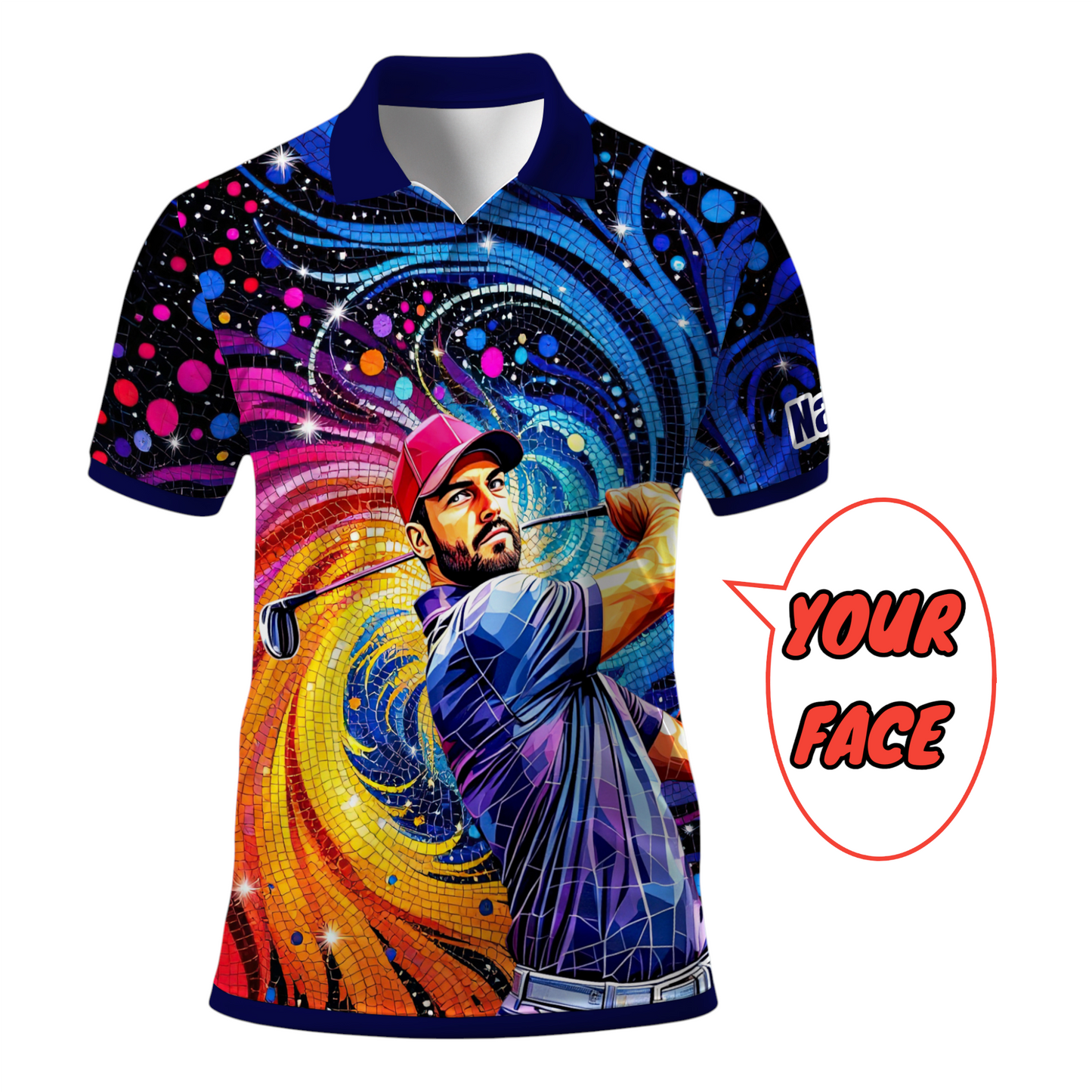 HomyGifts Men's Customized Face Artistic Golf Polo Shirt, Mosaic Art Style, Unique Personalized Golf Polo For Men