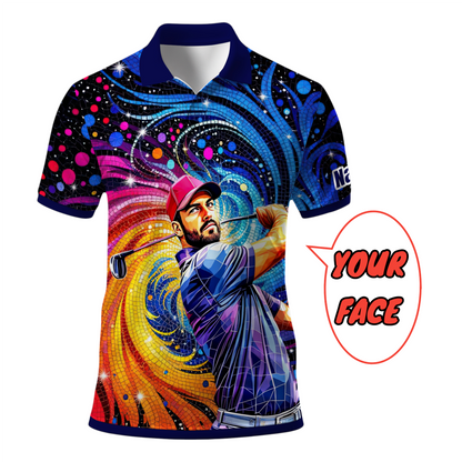 HomyGifts Men's Customized Face Artistic Golf Polo Shirt, Mosaic Art Style, Unique Personalized Golf Polo For Men