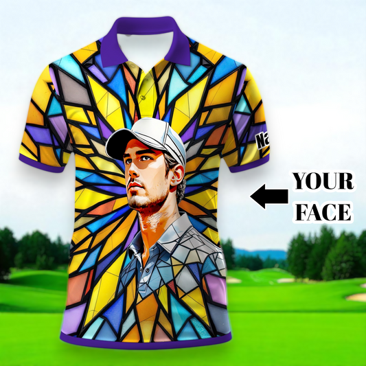 Custom Face Golf Polo Shirt – Personalized Stained Glass Art Shirt, Unique Golf Gift for Him, Colorful Abstract Golf Polo, Custom Sportswear