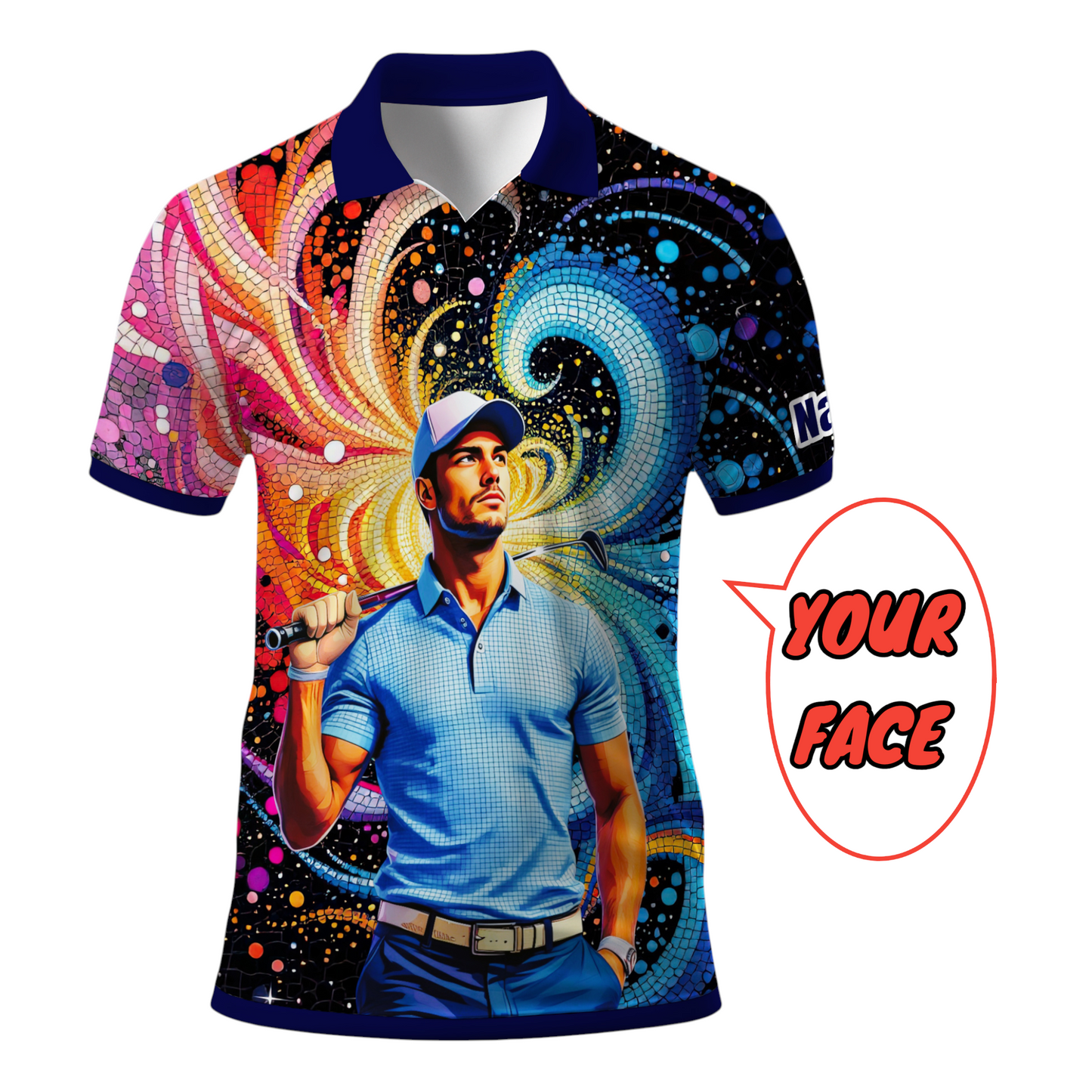 HomyGifts Men's Customized Face Artistic Golf Polo Shirt, Mosaic Art Style, Unique Personalized Golf Polo For Men