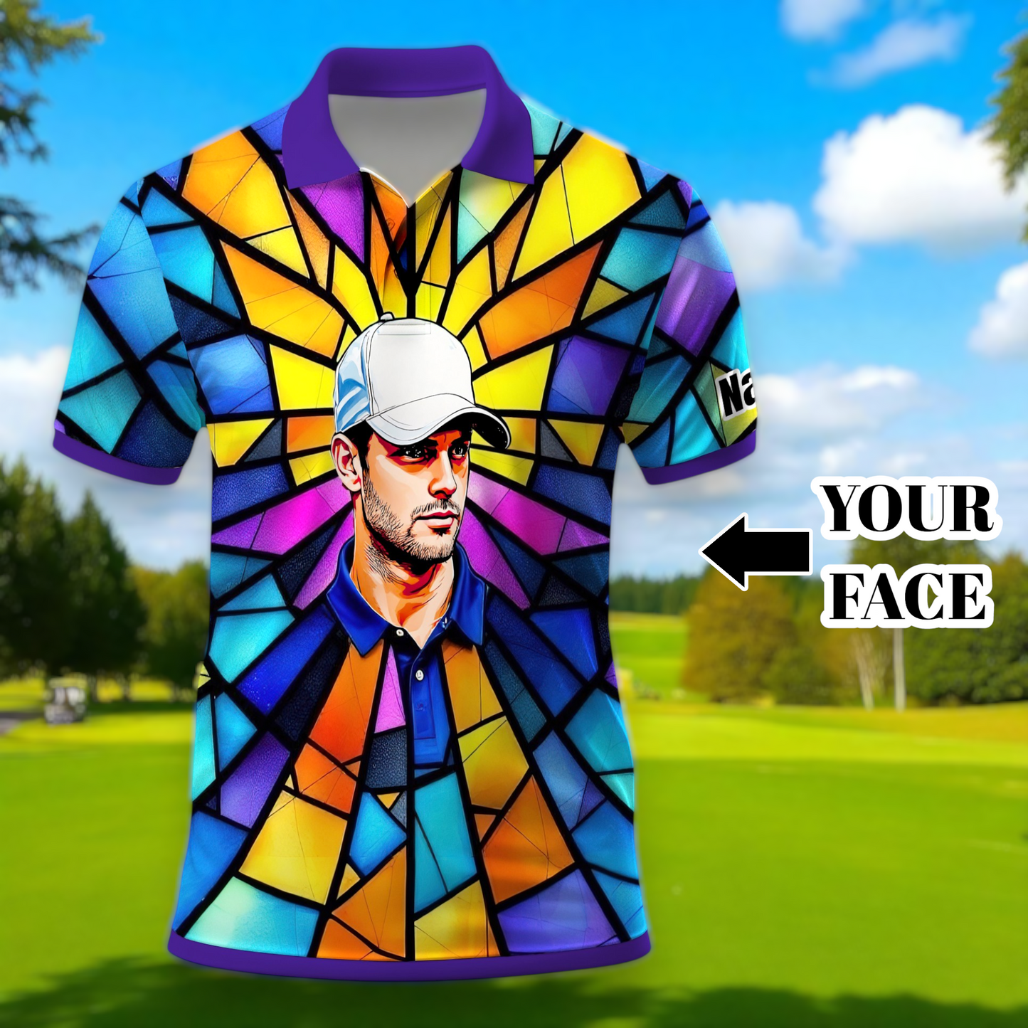 Custom Face Golf Polo Shirt – Personalized Stained Glass Art Shirt, Unique Golf Gift for Him, Colorful Abstract Golf Polo, Custom Sportswear