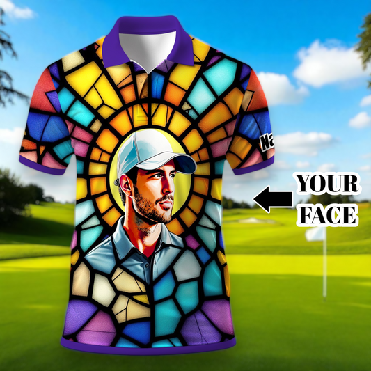 Custom Face Golf Polo Shirt – Personalized Stained Glass Art Shirt, Unique Golf Gift for Him, Colorful Abstract Golf Polo, Custom Sportswear