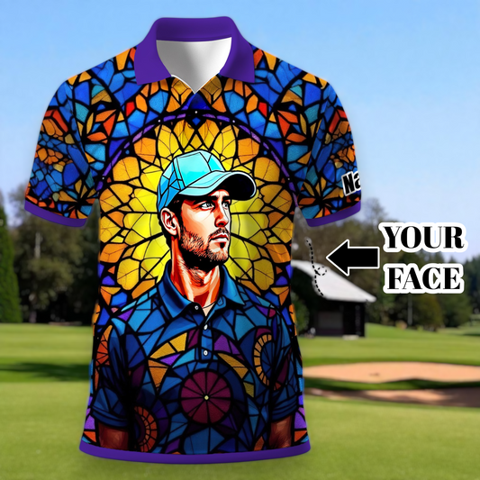 Custom Face Golf Polo Shirt – Personalized Stained Glass Art Shirt, Unique Golf Gift for Him, Colorful Abstract Golf Polo, Custom Sportswear