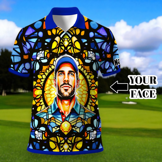 Custom Face Golf Polo Shirt – Personalized Stained Glass Mandala Style Polo, Unique Gift for Men & Women, Vibrant Artistic Golf Shirt, Custom Photo Polo