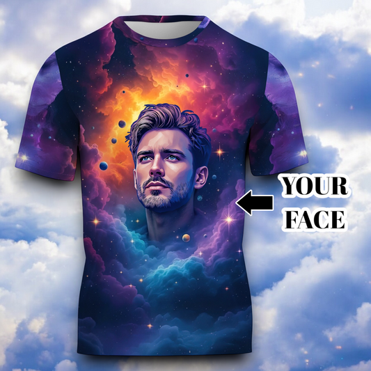 Custom Face Surreal Cosmic Art T-Shirt – Personalized Galaxy Universe Tee with Trippy Sci-Fi Design for Unique Gifts & Style
