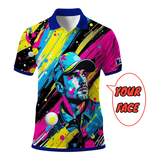HomyGifts Men's Customized Face Artistic Golf Polo Shirt, Personalized Pop Art Golf Polo, Portrait Gift for Golfers Style 3