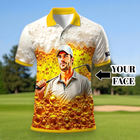 Custom Beer Polo Shirt with Face – Funny Personalized Polo for Beer Lovers, Summer Party Outfit, Unique Gift for Men