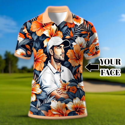 Custom Face Tropical Floral Polo Shirt – Personalized Summer Shirt, Fun Beach Vacation Gift, Unique Tropical Party Outfit Style 3