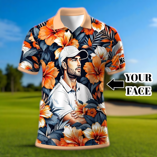 Custom Face Tropical Floral Polo Shirt – Personalized Summer Shirt, Fun Beach Vacation Gift, Unique Tropical Party Outfit