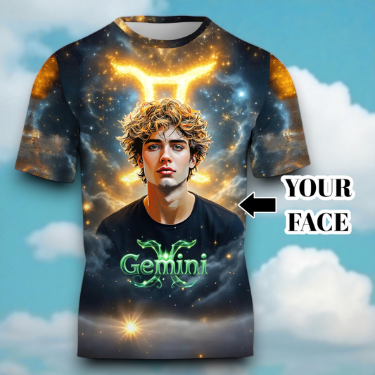 Custom Zodiac Shirt - Surreal Cosmic Art Tee with Your Face | Gemini | Personalized Horoscope Gift