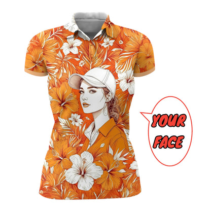 Women’s Custom Face Hibiscus Polo Shirt – Personalized Tropical Floral Polo, Unique Gift for Her, Stylish Custom Golf & Casual Wear Style 3