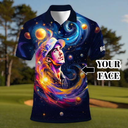 Custom Cosmic Portrait Polo Shirt – Personalized Surreal Galaxy Art with Your Face | Unique Gift for Golfers, Sports & Astrology Fans Style 3
