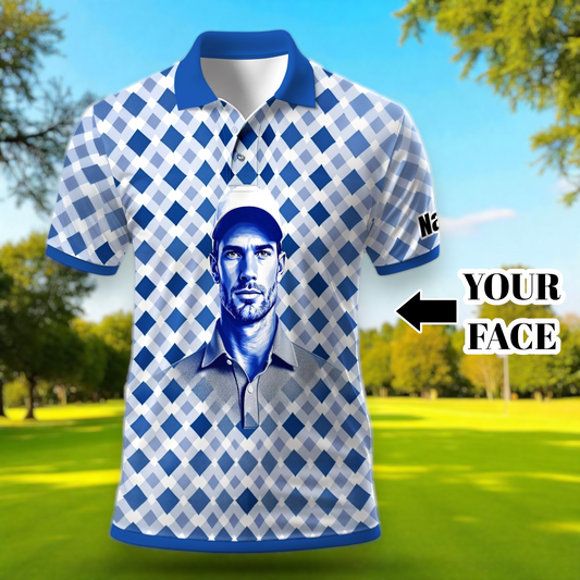 Custom Face Polo Shirt – Geometric Diamond Pattern | Personalized Photo Golf Polo | Unique Gift for Him, Retro Geometric Style Shirt Style 3