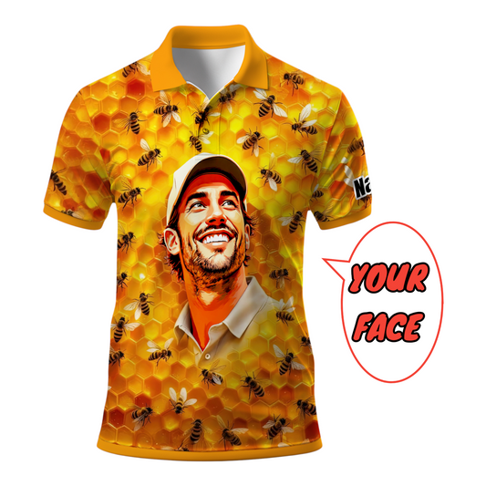HomyGifts Men's Customized Face Artistic Golf Polo Shirt, Personalized Bee & Honeycomb Polo Shirt with Face, Funny Honey Lover Outfit, Summer Polo for Men Style 3